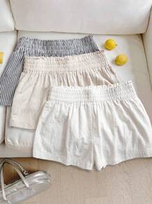 SHEIN LUNE 3条装女士休闲弹力腰短裤套装，白色棉质、杏色亚麻、黑白条纹短裤，舒适面料，适合日常休闲穿着，春夏皆宜。 - 彩色 - 查看 2