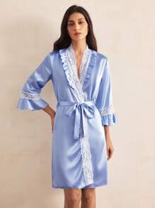 Charlaine Women's Blue Satin Belted Robe With Flounce Sleeve And Lace Trim Luxurious Knee Length Shawl Collar Loungewear, Fall - Blue - View 4
