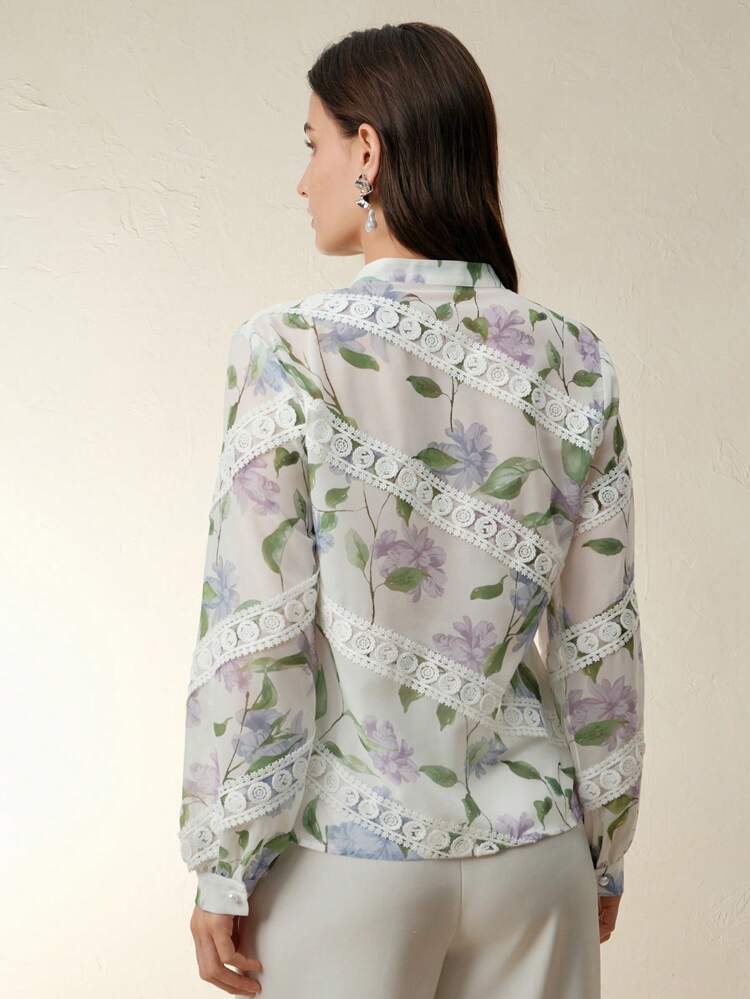 Women's Digital Print Patchwork Water-Soluble Lace Trim Casual Blouse, Versatile