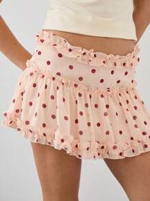 COUREZ Sheer Frill Polka Dot Skirt /Y2K Street Wear Summer Outfits For Women Summer Skirt Vintage - Apricot - View 7