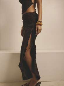 Aralina تنورة ماكسي للنساء ذات خصر عالي مطوي مع سحاب جانبي وتفاصيل شق مطوية مناسبة للعطلات