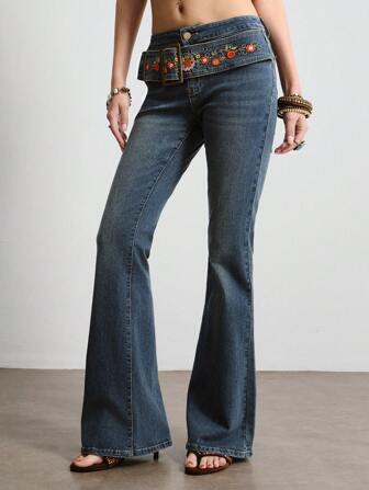 Hippie Jeans casuales de campana con bordado floral para mujer