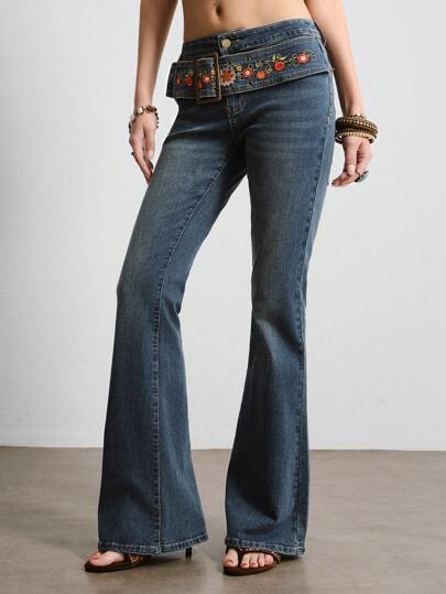 Hippie Jeans en denim casual à fleurs brodées évasés pour femmes