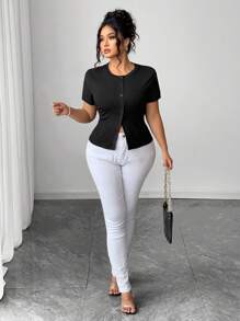 Elenzga Camiseta corta casual de cuello redondo de punto acanalado de unicolor para mujer de talla grande, elegante para el verano - Negro - Ver 4