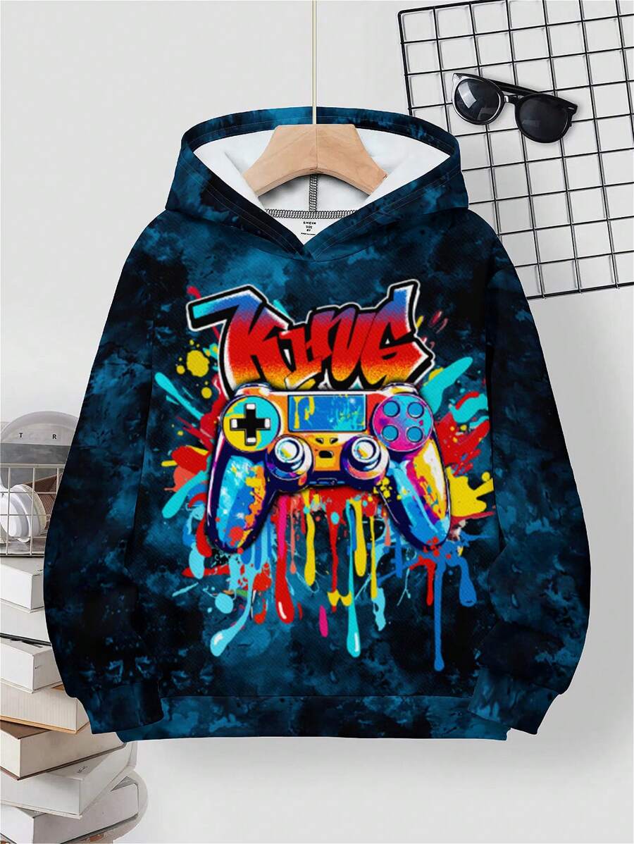 SHEIN Leap Crew Tween Boy Casual Minimalist Video Game Graphic Loose Fit Long Sleeve Hoodie Sweatshirt, Suitable For Autumn/Winter