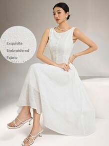 Heiryn Women's Solid Color Hollow Embroidered Sleeveless Dress, Summer - White - View 3