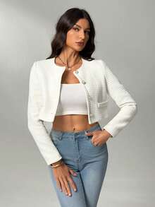 SHEIN Tall 女式粗花呢仿珍珠纽扣门襟短款大衣，优雅通勤白色粗花呢西装短款上衣夹克白色短款夹克白色粗花呢夹克珍珠纽扣夹克白色短款西装外套秋冬 - 白色 - 查看 4