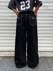 SHEIN Jeans neri con vita ampia in stile Y2K per teenager ragazze, casual per primavera ed estate, adatti per vacanze e stile boho country