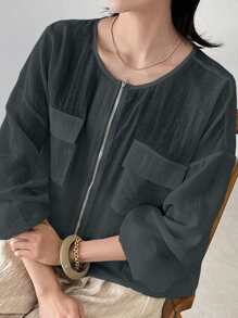 FRIFUL 女士白色宽松夹克，圆领，长袖，薄亚麻面料，春夏季 - 灰色 - 查看 5