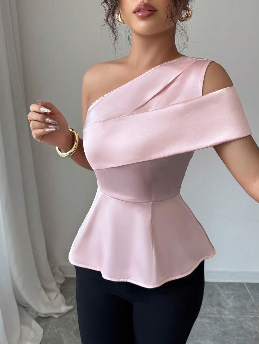 Rafferiza 女士优雅宴会露肩拼接腰衬衫，春夏 - 粉色 - 查看 1