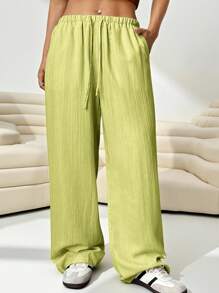 Solflare Women Plus Size Loose Lime Green Woven Long Pants - Lime Green - View 1