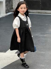 DAZY 2pcs/Set Young GirlRound Neck Casual Ruffle Trim T-Shirt And Round Neck Preppy Dress - Black - View 3