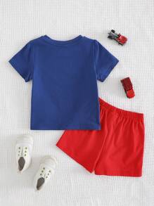 Cozy Pixies 2 件套男婴卡通汽车印花柔软针织圆领短袖上衣和松紧腰短裤套装 - 彩色 - 查看 2