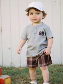 Cozy Pixies 2pcs/Set Baby Boy Knit Soft Number Graphic Crew Neck Short Sleeve Pullover Top & Plaid Elastic Waist Shorts Set - Multicolor - View 1