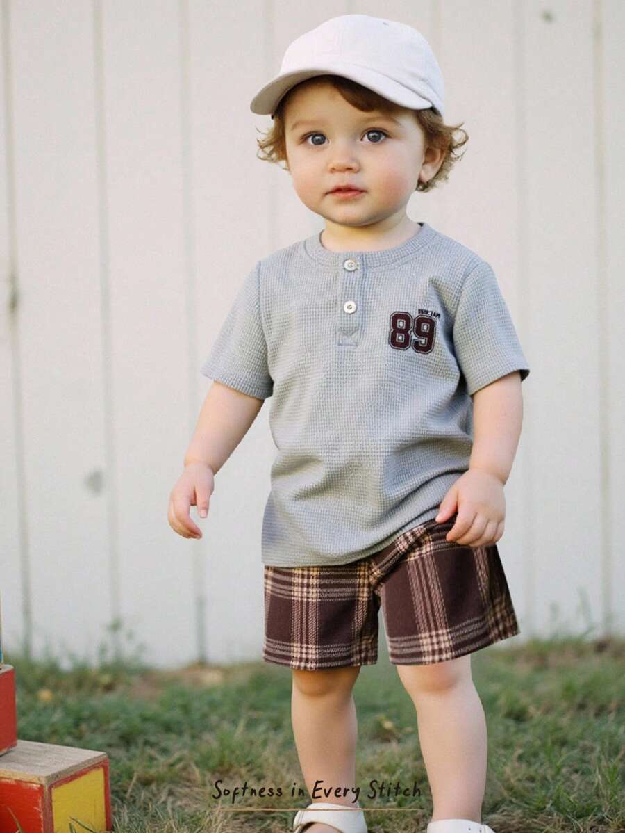Cozy Pixies 2pcs/Set Baby Boy Knit Soft Number Graphic Crew Neck Short Sleeve Pullover Top & Plaid Elastic Waist Shorts Set - Multicolor - View 1