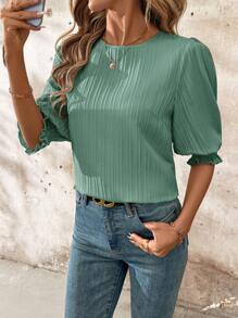 SHEIN Clasi 女士春季圆领中袖宽松度假衬衫 - 薄荷綠 - 查看 6