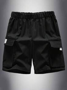 Tween Boys' Black Cargo Shorts, Casual Academic Style, Comfortable, Fashionable, Versatile, Soft Fabric, Suitable For Daily Wear, School, Travel, Outdoor Activities, Spring/Summer - Black - View 2
