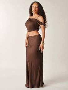 Vixey Off Shoulder Cut Out Solid Satin Mermaid Hem Maxi Dress, Summer Dresses For Women, Summer Dresses For Women, Summer Outfits For Women, Dresses For Women Summer, Summer Clothes For Women, Wedding Guest Dress