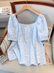 Regalyn Blusa casual veraniega para mujer de talla grande, con diseño de puño y cuello anti-espía, de malla bordada, delicada y dulce, con cintura elástica