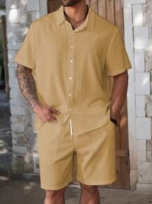 ResortEase 2pcs/Set Men Plus Size Casual Short Sleeve Shirt And Drawstring Loose Shorts Set