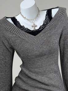 Sunspun 秋冬复古修身深V领性感女式毛衣 - 灰色 - 查看 4