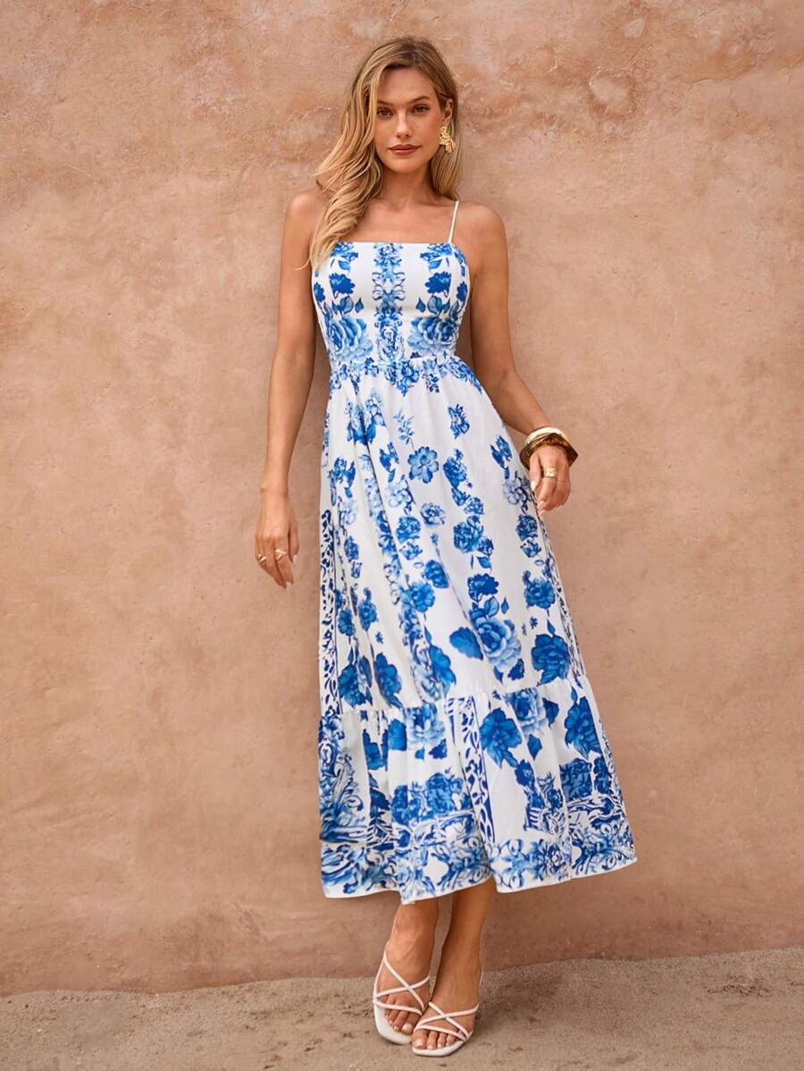 SHEIN Clasi Blue Rose Print Waist Cinched Waist Dress, Elegant Floral Sun Umbrella Dress For Vacation Y2k Clothes Women Y2K Back To School Clothes Country Outfits Women Old Money Style Women Going Out Airport Outfit For Women Dress For Women Beach Outfits For Woman Beach Dress Beach Vacation Outfits Beach Essentials Party Dress Pride Starfish Sequin Dress Vacation Outfits Airport Summer Honeymoon Woman Dress For Women Boho - Multicolor - View 1