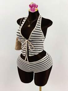 Amplova 大码女式夏季度假条纹印花前系带露背吊带背心和低腰短裤两件套 - 杏色 - 查看 3