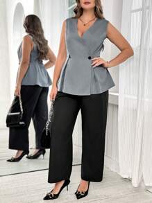 Gownix Plus Size Women Double Breasted Sleeveless Top And Wide Leg Pants,Black Summer Elegant Semi Formal 2 Pieces Set,Business Casual Office Work Outfits - Multicolor - View 7