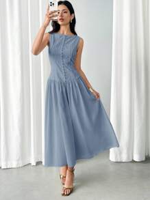 Modelyn Women's Summer Elegant Solid Color Textured Sleeveless Mid-Length Dress