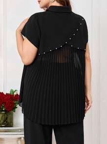 Modelyn 2pcs/Set Plus Size Women's Solid Color Short Sleeve Casual Set - Black - View 1
