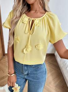 SHEIN LUNE Ladies' Casual 3D Flower Puff Sleeve Yellow Blouse Butter Yellow Top Summer Outfits For Women Vacation Outfits Woman Going Out Tops Women Vacation Outfits Women Teacher Outfits For Women Cute Shirts Summer Clothes Women Old Money Style Women Butter Yellow Country Outfits Women Bohemian Clothes Work Tops Tie Front Top - Yellow - View 4
