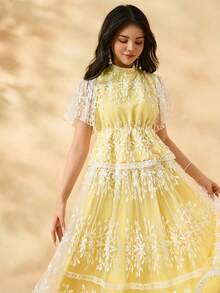 2pcs/Set Teenager Girls Elegant Floral Printed Stand Collar Ruffle Sleeve Blouse + Mid-Length Skirt Set - Yellow - View 6