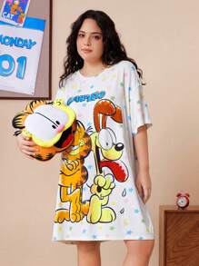 GARFIELD | SHEIN Plus Size Letter & Cartoon Print Okrągły Dekolt Krótki Rękaw Koszula Nocna