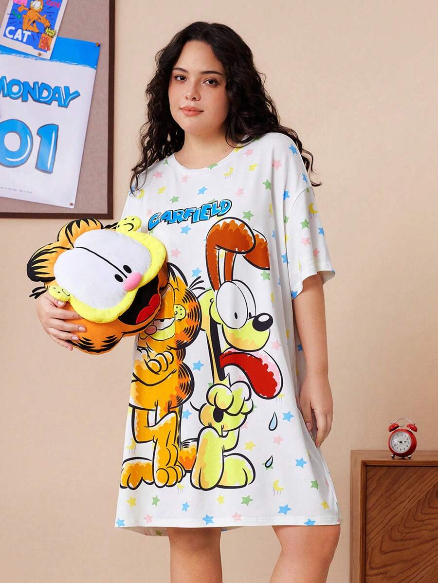 GARFIELD | SHEIN Plus Size Letter & Cartoon Print Okrągły Dekolt Krótki Rękaw Koszula Nocna