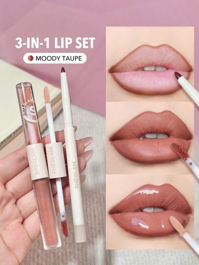 SHEGLAM مجموعة أحمر الشفاه Soft 90'S Glam Lip Liner And Lip Duo Set-Moody Taupe Lip Set 3-In-1 Lip Makeup Plumping Lip Gloss مرطب بخلاصة النباتات أحمر شفاه سائل يدوم طويلاً مكياج الشفاه Brown Liquid Lip Lipstick حفل التخرج عيد ميلاد عطلة صيف خريف واي تو كيه أنيق أزياء نساء علامة تجارية مكياج مستحضرات تجميل الجمال حفلة شاطئ بحر سفر تخييم في الهواء الطلق مدرسة حرم جامعي رحلة مهرجانات ديكور هدية هدية وردة فتاة تنكر أفضل لون سحر أجواء
