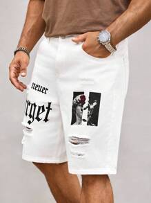 Manfinity Roughcore Men's Casual Loose Ripped Fashion Denim Shorts, Summer Graphic Denim Shorts Streetwear Shorts Graphic Shorts Men, Emo Style - White - View 4
