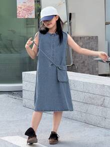 Girls Sleeveless Denim Jumper Dress, Tween Girl Autumn Clothes - Blue - View 6