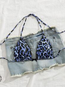 Swim Vcay 豹纹肩带性感吊带女式比基尼上衣 - 藍色 - 查看 3