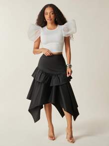 纯色塔夫绸低腰分层荷叶边不对称下摆黑色中长裙，夏季，秋季 - 黑色 - 查看 6