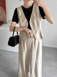 FRIFUL Women's Fitted Sleeveless Vest And Wide Leg Pants With Long Belt 2 Pieces Set, Summer Lounge Sets For Women - Apricot - View 6