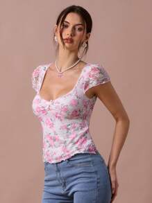 Enchnt 春夏浪漫女士白色时尚花卉印花方领蕾丝边短袖上衣，休闲舒适，适合生日、节日派对、甜蜜约会、日常通勤、毕业典礼、度假和婚礼季节必备、夏季百搭、音乐会女士、复活节 - 粉色 - 查看 4