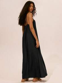 Musera Resort Linen Strappy Baggy Collum Maxi Dress Spring Summer Ibiza Outfit Holiday Cute Romantic Festival Vacation Beachwear Beach Black Fall  Elegant Graduation Long Dress - Black - View 3