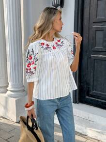 Pariaura 女式法式条纹刺绣泡泡袖衬衫上衣，宽松版型，刺绣装饰，休闲通勤百搭短衬衫