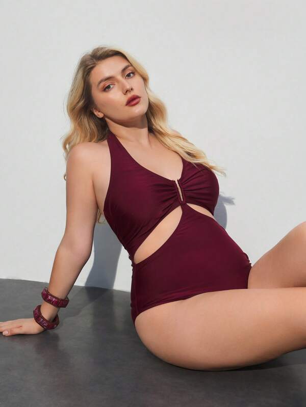 Maija Plus Size Women Solid Color Ruched Waist Halter One-Piece Swimsuit Summer Women Vacation  Vestidos Elegantes De Mujer Beach  Blusas Elegantes Para Mujer Business Casual Woman Going Out Tops Boho Office Outfits Festival Outfits For Rave Hawaii Coachella Festa Junina