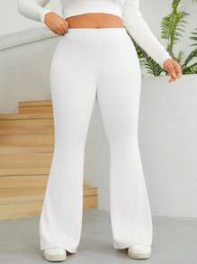 SHEIN PETITE CURVE 大码娇小女式开衩喇叭裤，商务休闲女装情人节款 - 白色 - 查看 4