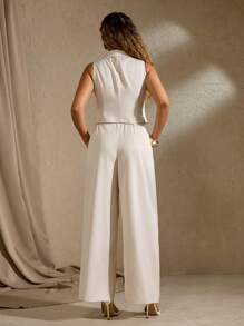 Flirla Plus Size Women's Spring/Summer French Elegant Minimalist Office/Commute/Vacation Casual Outfit: Collared Fitted Waist Open-Front Decorated Shirt + Elastic Waist Wide Leg Pants Set