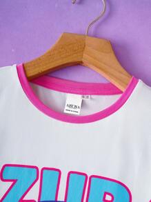 Pop Mart Azura X SHEIN Tween Girl Cartoon Pattern Contrast Color Dream Cute Casual Short Sleeve T-Shirt And Fitted Shorts Set