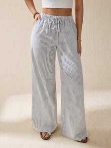 SHEIN Tall Women's Casual Summer Outfits Drawstring Waist Striped Long Pants For Daily Wear,Fall Women Clothes - White - View 8