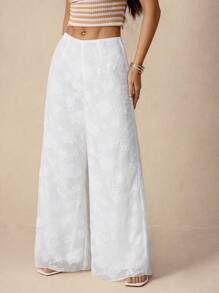 SHEIN PETITE Women's Casual Elegant Bohemian Holiday Beach White Patterned Textured Jacquard Loose Flared Pants, Summer, Boho
