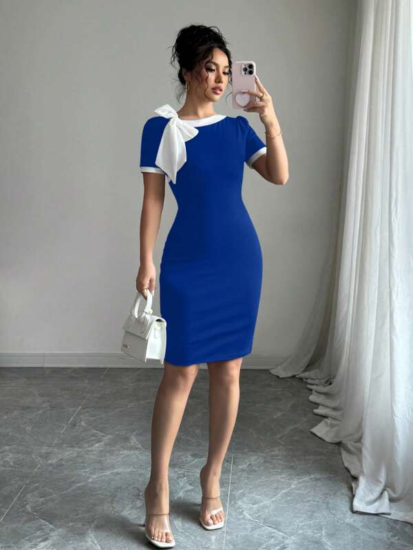 Elenzga Women's Summer Short Sleeve Fitted Elegant Side Tie Wrap Dress